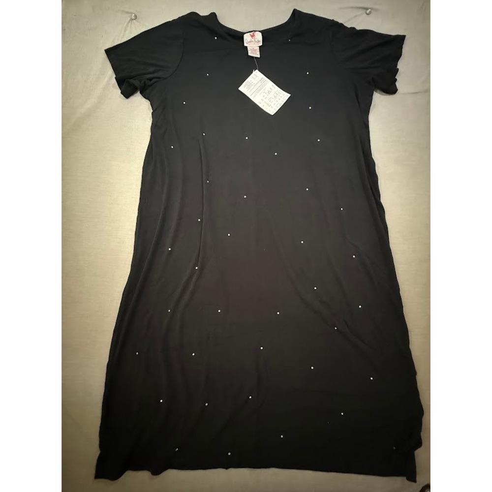 The Quacker Factory Short Sleeve Embellished Midi Black Dress Rhinestone Sparkle